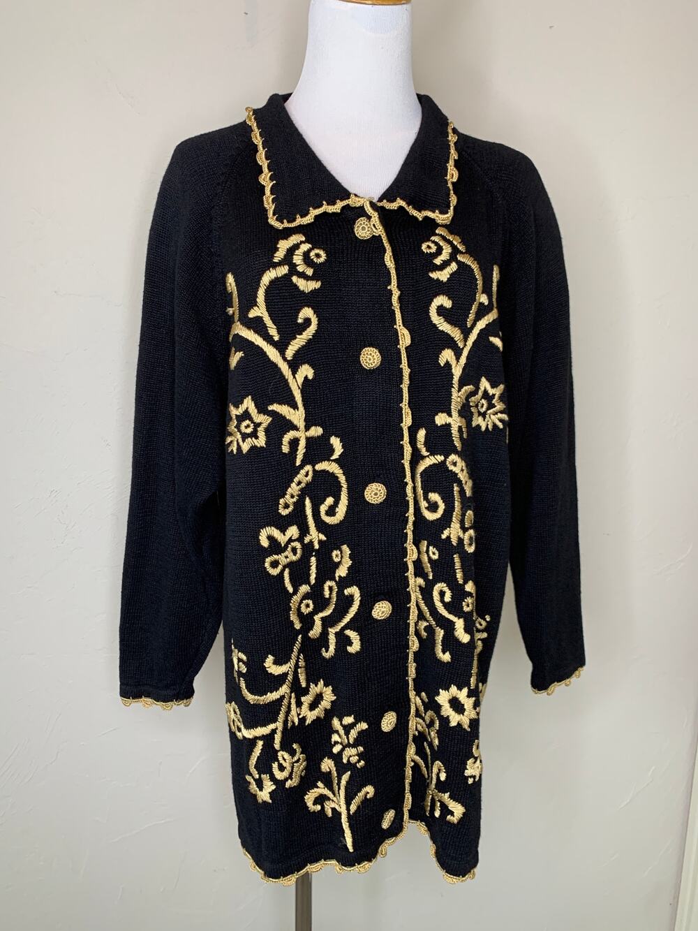 Vintage 90s Jacque and Koko Black Gold Embroidered Cardigan Sz 14/16